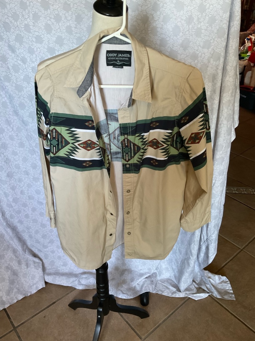 Cody James Boys Beige Western Button-Down Shirt with Green Aztec Stripe